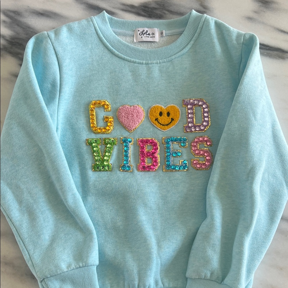 Lola + The Boys Good Vibes Light Blue Sweatshirt with Sequins (girls size 10)
